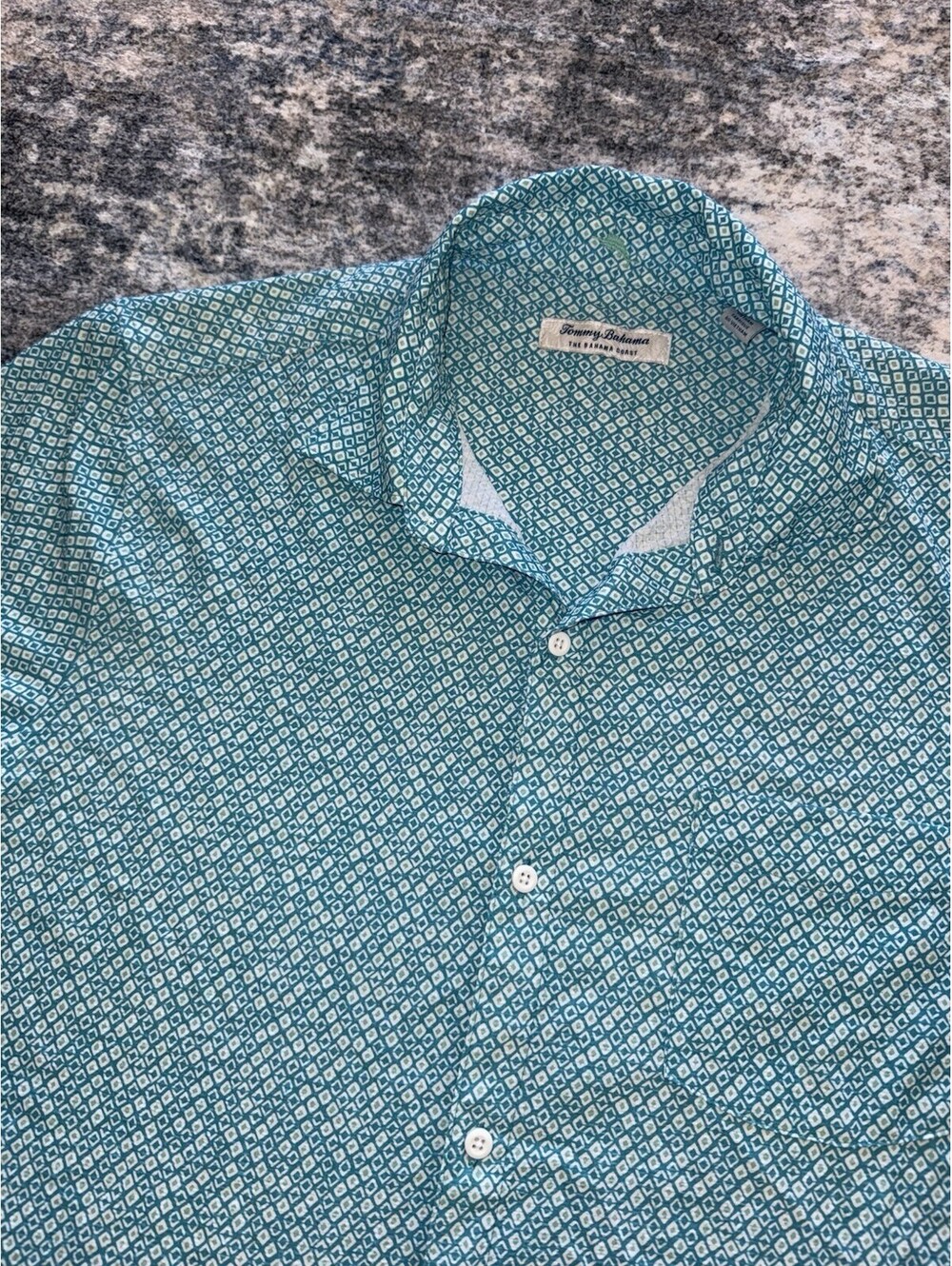 Tommy Bahama Bahama Coast Mens L Shirt Teal Geometric Stretch Short Sleeve